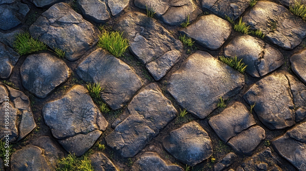 Poster a close-up of cobblestones, showing the unique textures and colors of each stone, with patches of gr