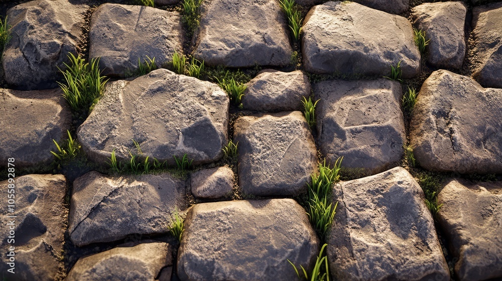 Poster a close-up of cobblestones, showing the unique textures and colors of each stone, with patches of gr