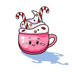 Pink Cartoon Hot Cocoa Mug with Whipped Cream, Sprinkles, and Candy Canes. Vector Illustration