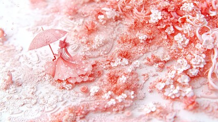 A miniature woman in a pink dress walks through a field of pink flowers under a pink umbrella.