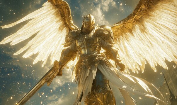 Golden angel warrior with sword, wings spread.