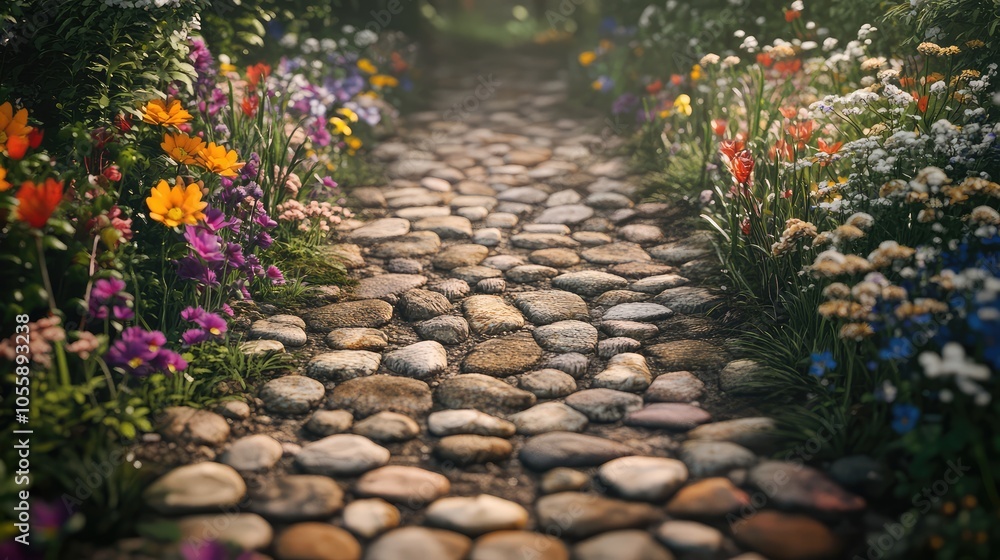 Poster a cobblestone path bordered by vibrant wildflowers, with the stones creating a charming and rustic a