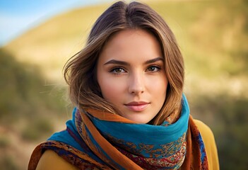 beautiful model girl in a neckerchief against the backdrop of nature