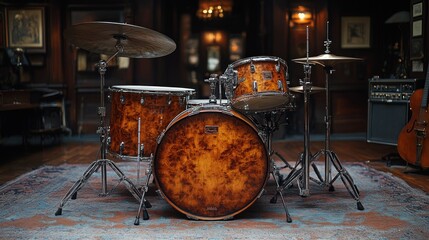 A vintage drum set with a brown finish and a patterned rug in a dimly lit room.