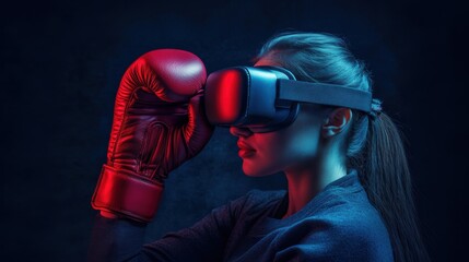 Young woman using virtual reality headset while boxing in a dark room