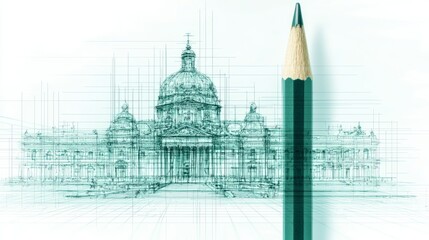 A pencil rests beside a sketch of a classical building with a dome, drawn on grid paper.