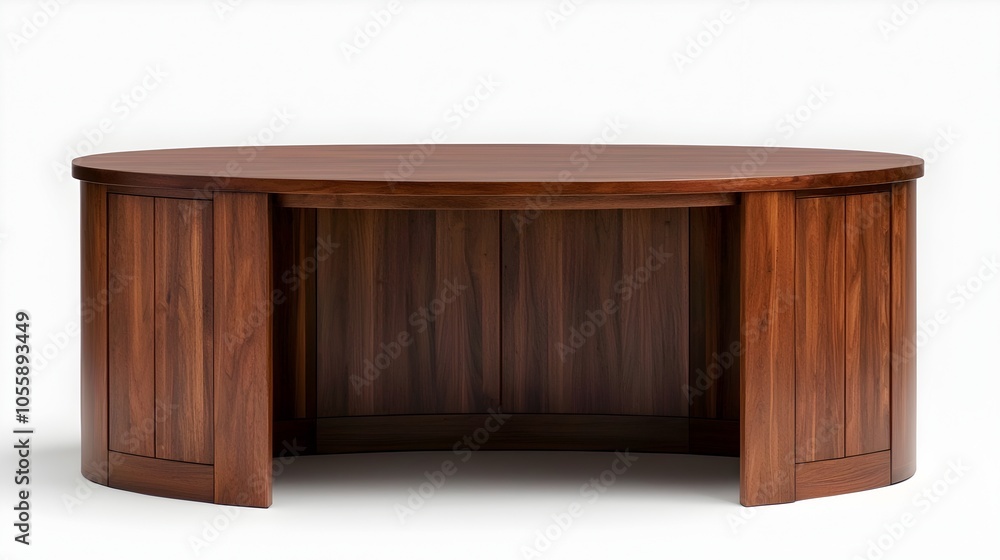Poster sleek and sophisticated executive desk on white background a spacious dark wood finished desk in a m