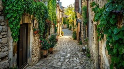 Obraz premium A cobblestone path meandering through an ancient village, with ivy-covered walls and traditional architecture peeking through.