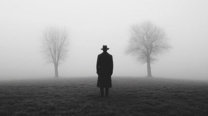 High-Contrast Black and White Photo of Figure in Long Coat and Hat in Foggy Meadow with Distant Trees, Ghostly Atmosphere.