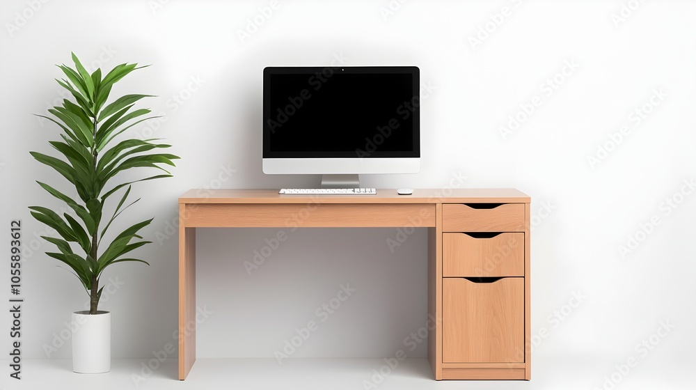 Poster compact computer desk with streamlined design and integrated storage solutions placed in a bright an