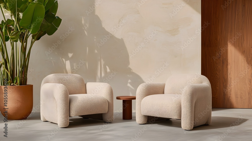 Poster elegant boucle lounge chairs and a contemporary sofa placed in a minimalist designed grand living ro