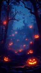 Spooktacular halloween night glowing jack-o'-lanterns and spider webs in a haunting forest