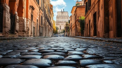 A cobblestone road winding through an ancient city, with historical landmarks peeking through the gaps in the buildings