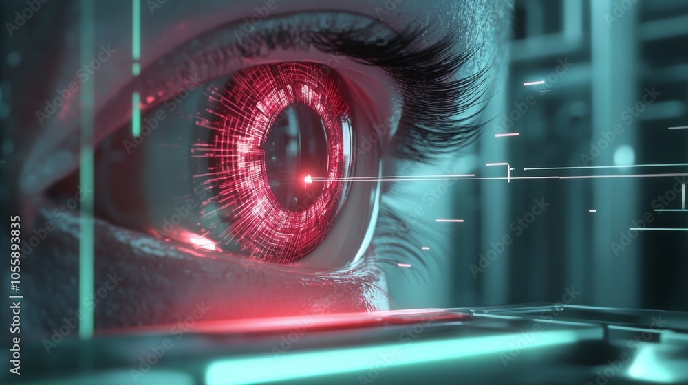 Fototapete A close-up view of a human eye illuminated with a striking red glow, surrounded by digital patterns and interfaces.
