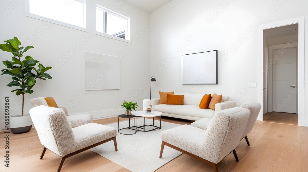 Poster tranquil and inviting modern living room featuring boucle lounge chairs plush sofa and minimalistic 