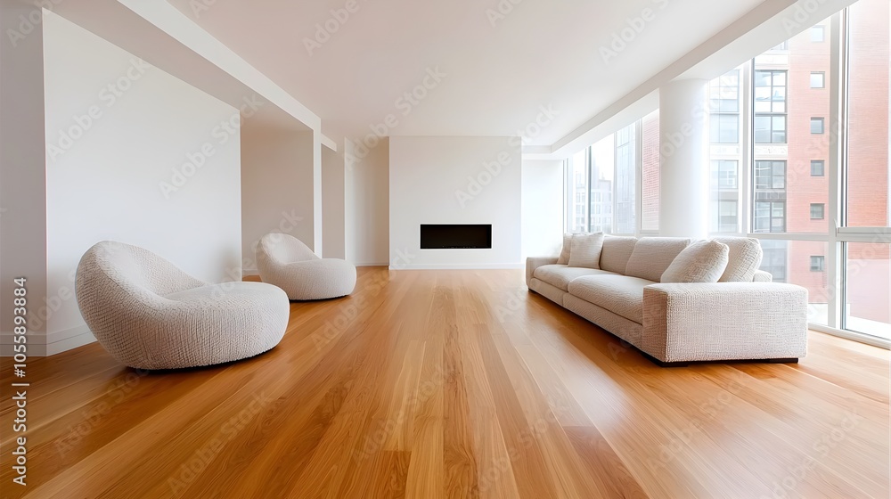 Aufkleber spacious and inviting minimalist living room with boucle lounge chairs and plush sofa showcasing a w