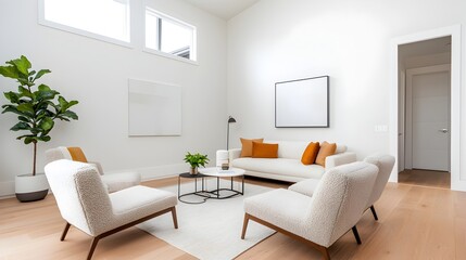 Tranquil and inviting modern living room featuring boucle lounge chairs plush sofa and minimalistic yet sophisticated decor elements captured in a wide angle perspective
