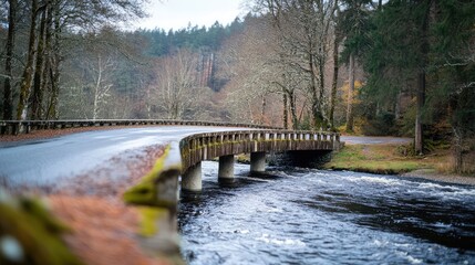 Naklejka premium A country road transitioning into a bridge, spanning over a river as the smooth path rises above the flowing water below