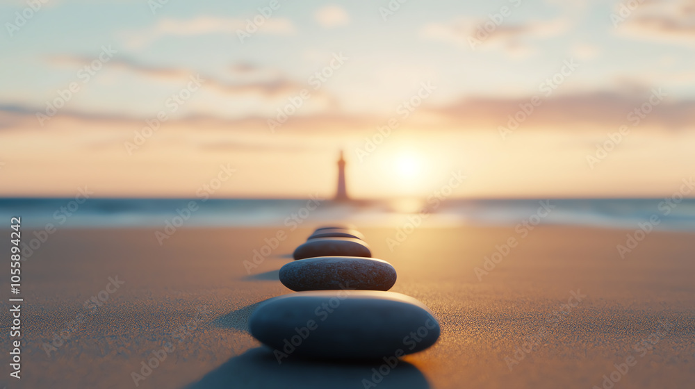 Poster path of stones leading to a distant lighthouse, capturing steady progress towards vision