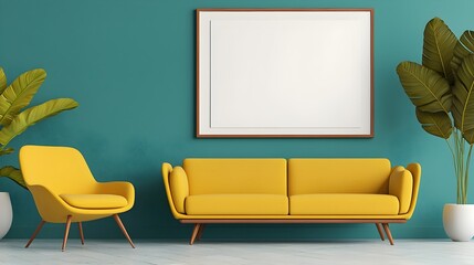 Vibrant Scandinavian Styled Living Room with Teal Walls and Striking Yellow Sofa and Chair Set in a Spacious Minimalist Interior with a Large Poster Frame