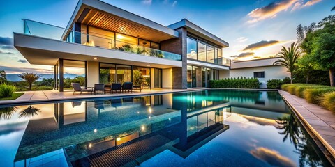 Fototapeta premium Modern House with Swimming Pool in Beautiful Outdoor Setting, Macro Photography Focus on Design and Details
