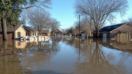 Fototapeta premium Flooded homes with sandbags a resilient response to rising waters in residential areas