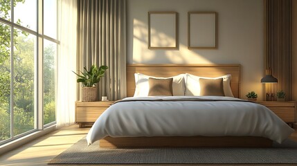 Modern Hotel Room Interior with Empty Bed and Window