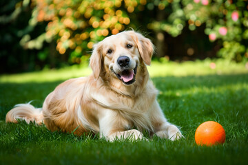 A golden retriever dog playing with an orange ball in the garden.