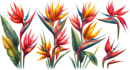 Vibrant Bird of Paradise Flowers: A Botanical Illustration on Transparent background