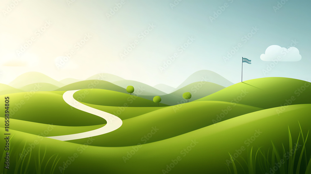 Poster path winding through hills with a flag on the horizon, capturing long-term vision and goal setting
