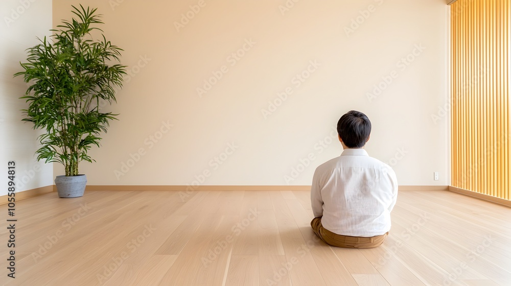Poster elegant japandi inspired minimalist living room design featuring earthy color palette natural textur