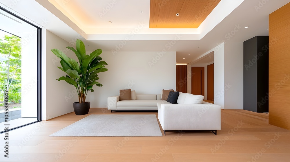 Aufkleber japandi inspired minimalist living room with earthy tones and open spaciousness showcasing a harmoni
