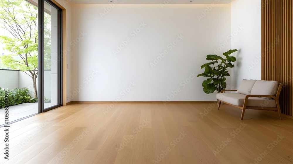 Poster japandi style minimalist living room showcasing earthy tones and wide open space with calming and ha