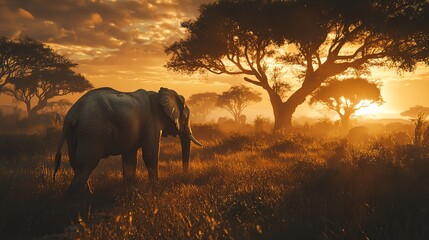 Naklejka premium Elephant at sunset on savanna landscape