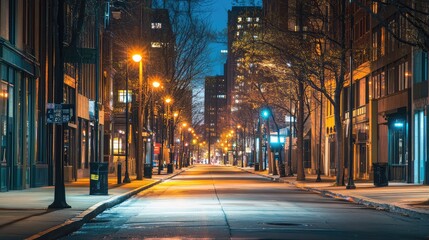 Fototapeta premium A deserted urban street at night, illuminated only by the glow of streetlights with empty sidewalks stretching into the distance