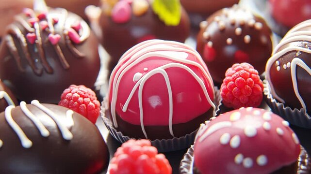 A close-up of assorted decorative chocolates and raspberries, showcasing vibrant colors and textures.