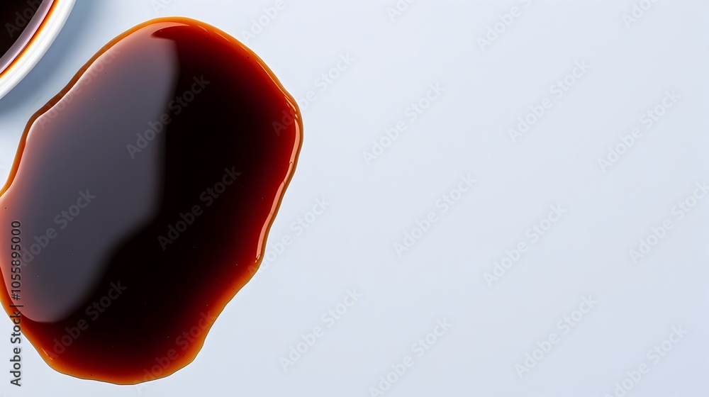 Poster delicate soy sauce spill forming a glistening pool of dark liquid on a stark white surface captured 