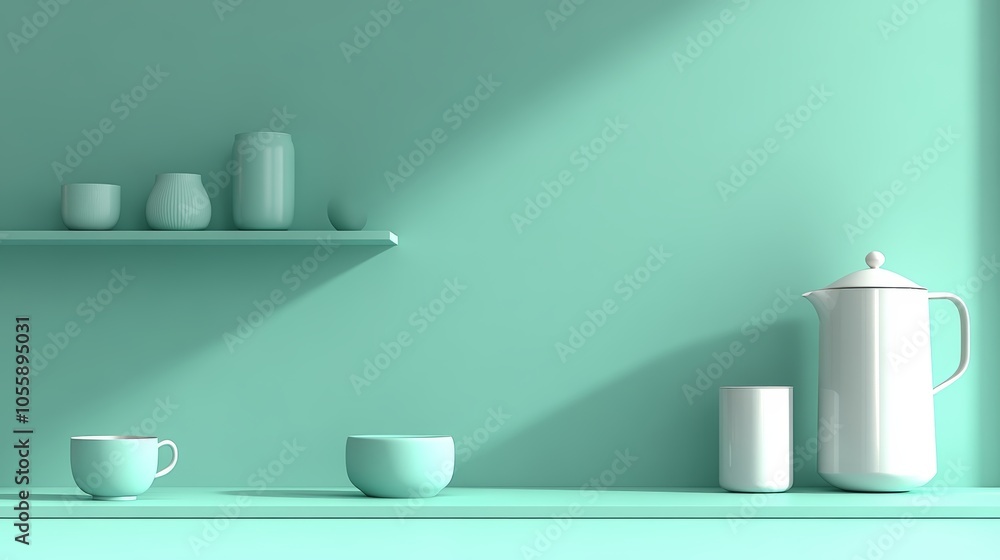 Poster a diverse collection of mugs and cups neatly displayed on shelf, blend of functionality style for th