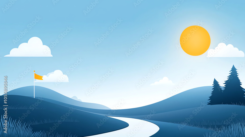 Poster path winding through hills with a flag on the horizon, capturing long-term vision and goal setting