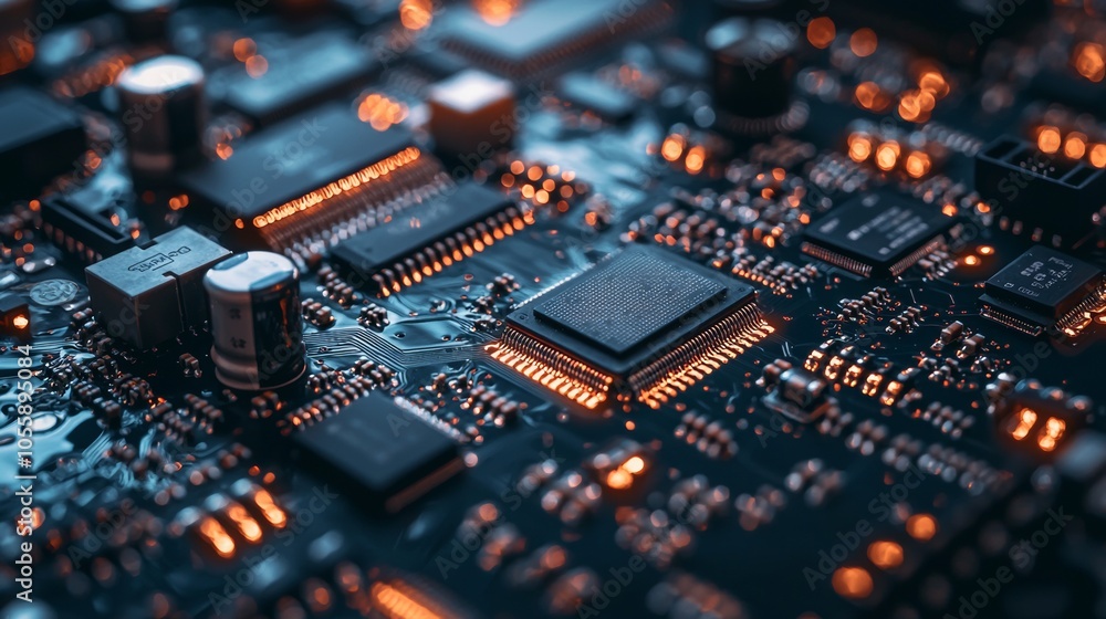 Poster close-up of a computer circuit board with glowing components