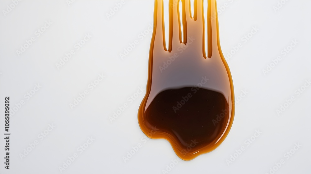 Poster dripping soy sauce forming a small pool on a plain white surface captured in an still life shot with