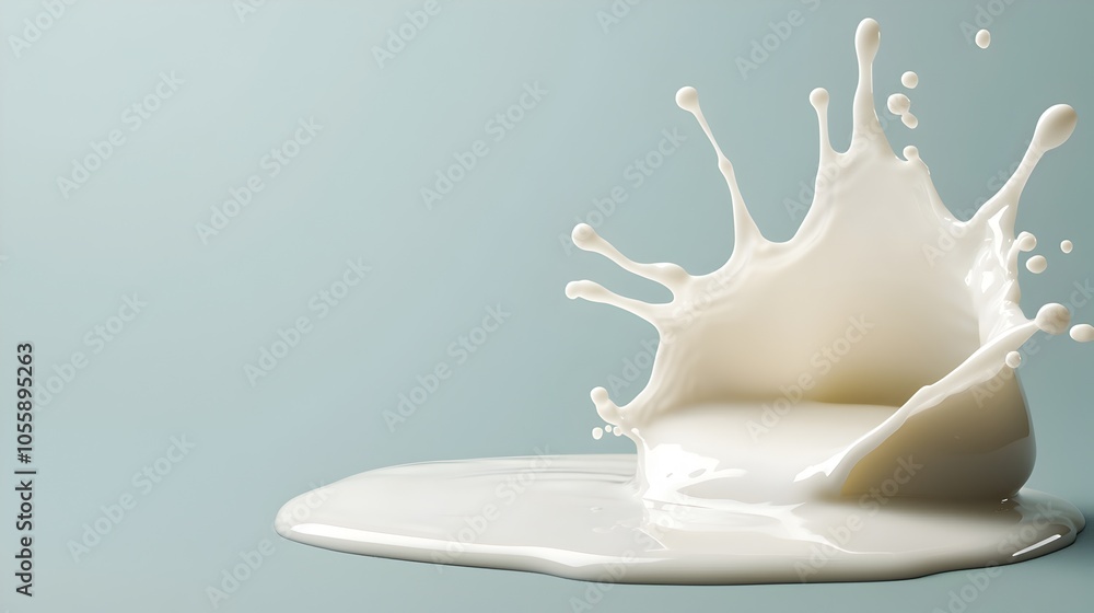 Poster glossy milk puddle detailed close up of a creamy white liquid spill with pools droplets and splashes