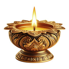 Ornate Golden Oil Lamp with Flame for Diwali Celebration Isolated on Transparent Background