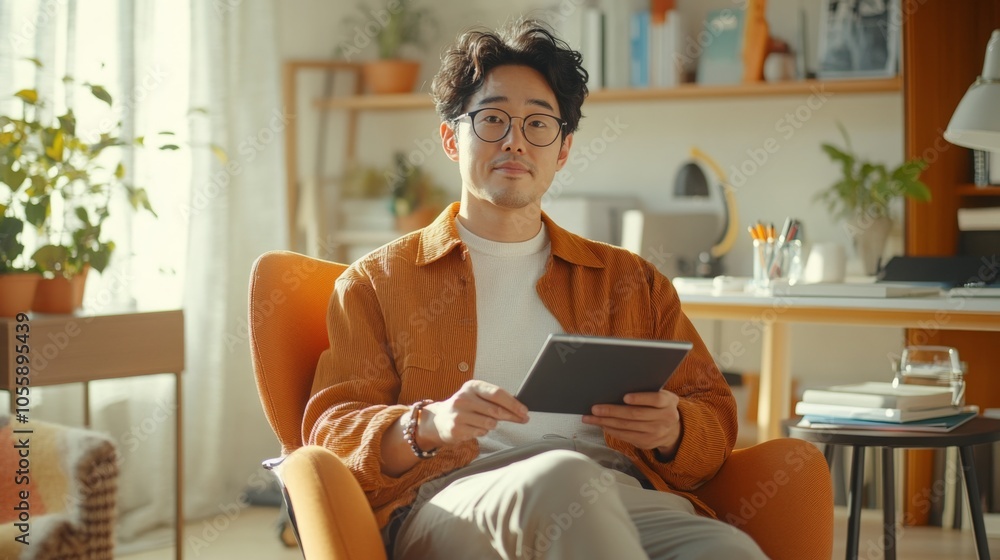 Wall mural A young man with curly hair and glasses sits comfortably in a bright, orange armchair, holding a tablet.