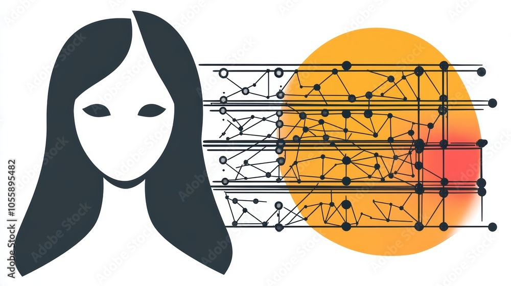 Poster woman with flowing hair intertwined with a network of dots, visual representation of digital connect