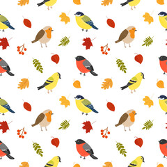 Seamless pattern with different birds, leaves and berries. Birds of different breeds. Autumn vector pattern, flat style.