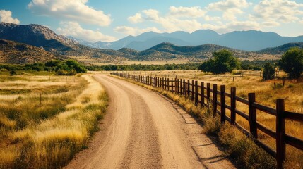 Naklejka premium A dirt road in the desert, running alongside a wooden fence with mountains rising in the distance