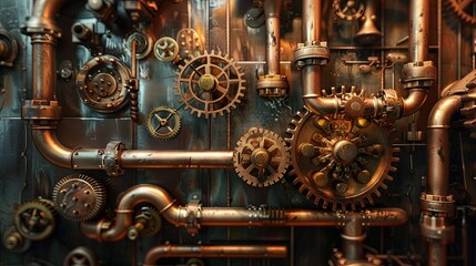 Detailed view of intricate brass machinery featuring gears, pipes, and valves, showcasing vintage industrial craftsmanship and steampunk aesthetics.
