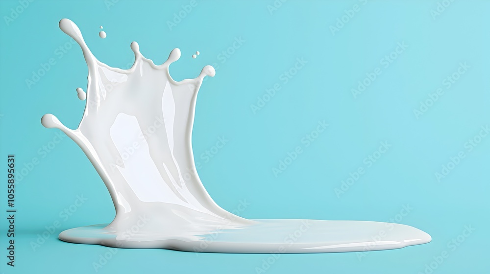 Poster milk puddle with a viscous glistening texture and dripping splashing effect on a clean simplistic ba