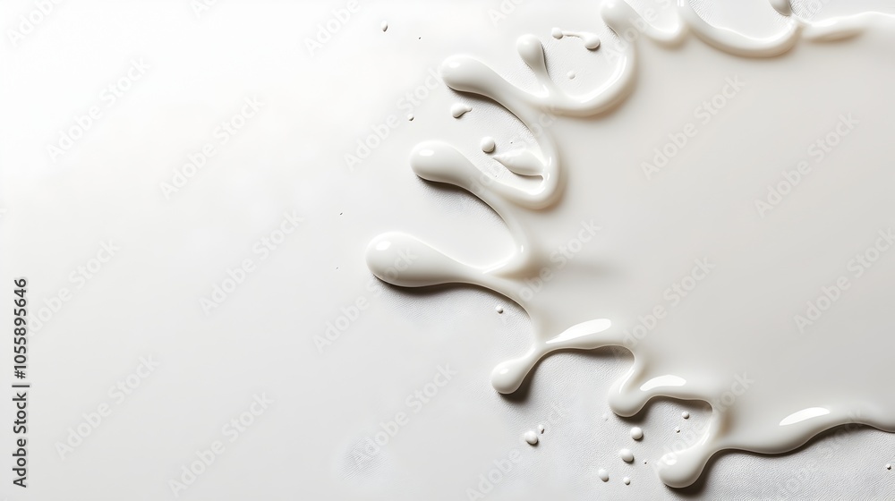 Poster Meticulously captured milk puddle with a glossy viscous texture and high key lighting against a clean simplistic background  This detail oriented minimalist image offers a premium